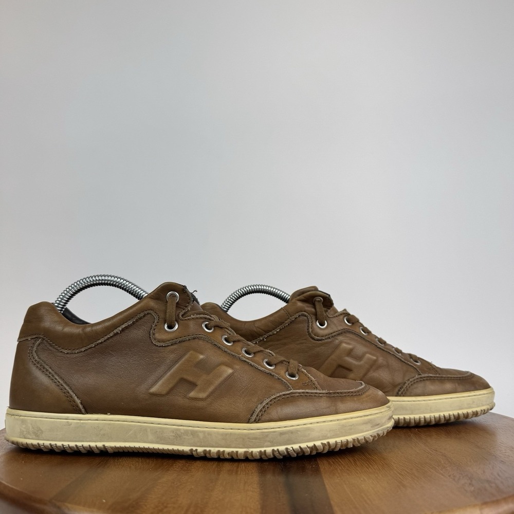 Mens‎ Hogan Brown Leather Casual Lace Up Low Top Sneakers Shoes Size 6.5 D GUC